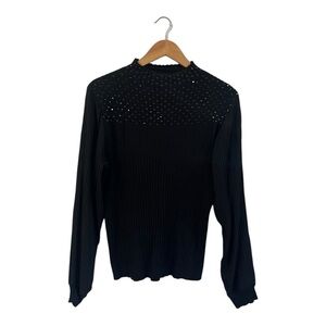 Leo & Ugo Black Ribbed Pleated Sleeve Sweater Size 4 Embellished XL